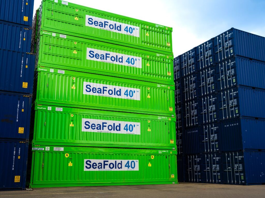 Compact Containers SEAFOLD 40' Collapsible Containers Stacked at a Port
